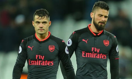 Arsenal’s Olivier Giroud, right, and Granit Xhaka look dejected after the final whistle.