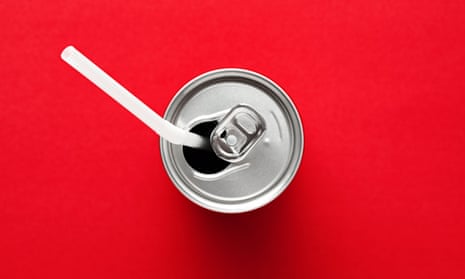 Drink can with white straw viewed from overhead
