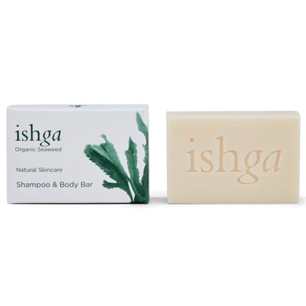 Rectangular ishga shampoo and body bar in a box, and on its own.