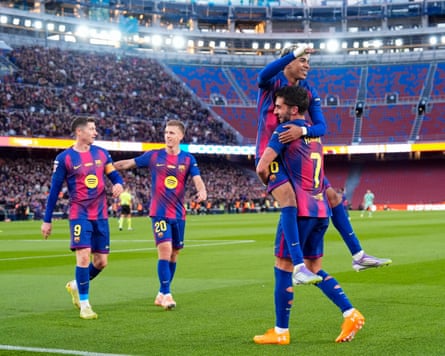 Ferran Torres celebrates after scoring against Athletic Bilbao at Barcelona’s rebuilt Camp Nou