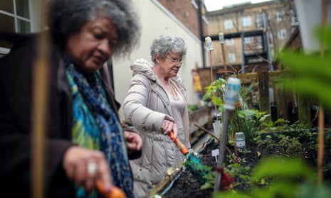 Earline Hilda Castillo-Binger and Mary Coyne tending the vegetables at Lambeth GP food co-op, south London