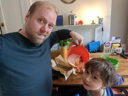 Stuart Heritage and his son while attempting Breaking Eggs.