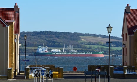 One of a fleet of Russian-owned oil tankers, the Samuel Prospect, berthed at Hound Point oil terminal on the Firth of Forth Estuary.
