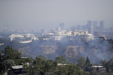 The Getty Center is shrouded in smoke as the Getty fire burns Monday in Los Angeles.