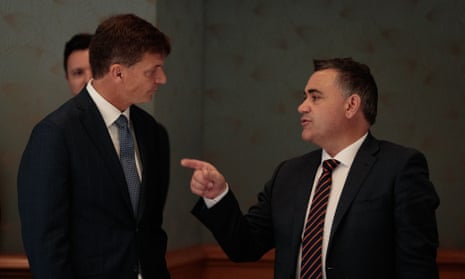 Federal minister Angus Taylor talking with the NSW deputy premier John Barilaro in 2019