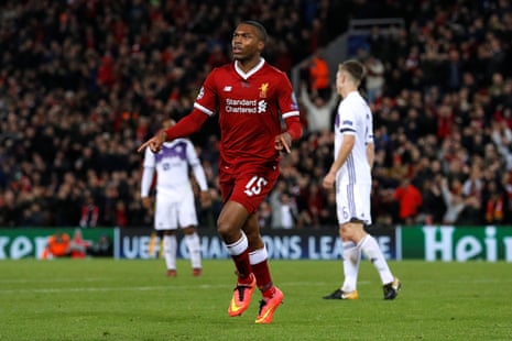 Liverpool’s Daniel Sturridge celebrates scoring their third goal.
