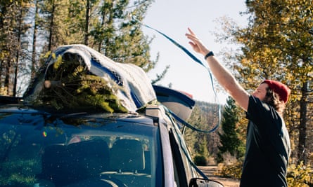 Rob Stone fixe un arbre de Noël fraîchement coupé sur le toit de sa voiture dans la forêt nationale de Mendocino en Californie.