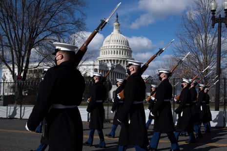 US military members participate in a rehearsal for the inauguration.