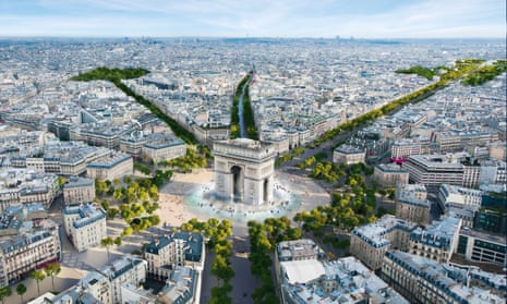 A computer-generated image of plans to make the Arc de Triomphe area more pedestrian-friendly, and turn the Champs-Élysées into an ‘extraordinary garden’.