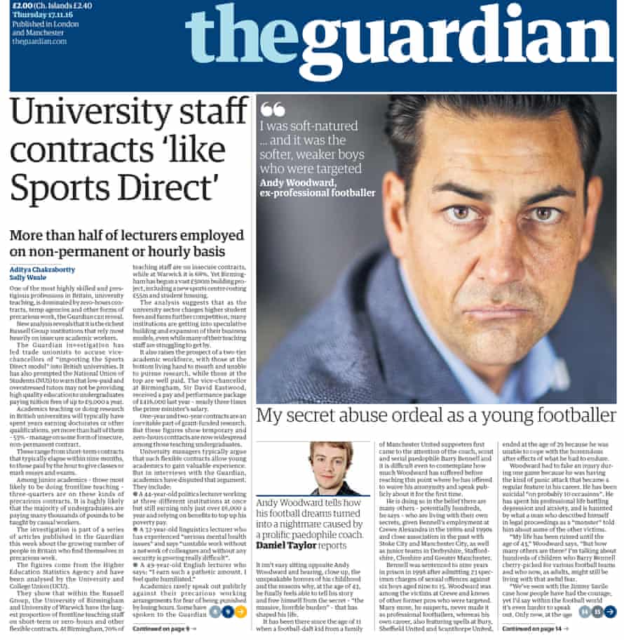 The front page of the Guardian in 2016 that told Andy Woodward’s story