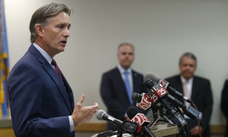 Oklahoma attorney general Mike Hunter speaks to the media at a news conference following closing arguments in Oklahoma’s ongoing opioid drug lawsuit against Johnson &amp; Johnson.