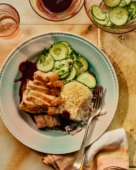 Alexina Anatole’s salted pork chops with blackberry hoisin and cucumber salad.