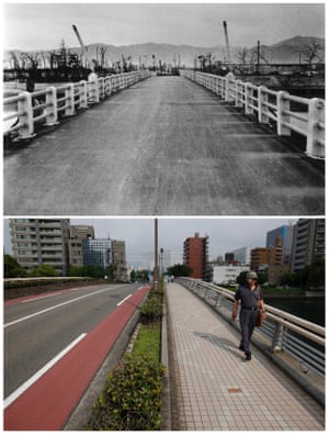 The shadows of railings that were imprinted on the road surface of Yorozuyo Bridge by the heat of the atomic bombing of Hiroshima. This location was 860 meters (2,822 ft) from the centre of the blast