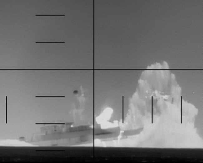 Periscope footage released by the Pentagon of a US Navy submarine firing on the Iranian frigate frigate IRIS Dena, which sank in the Indian Ocean.