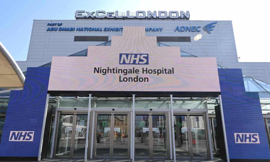 Newly installed NHS signage outside the Nightingale field hospital at the ExCel centre in London.