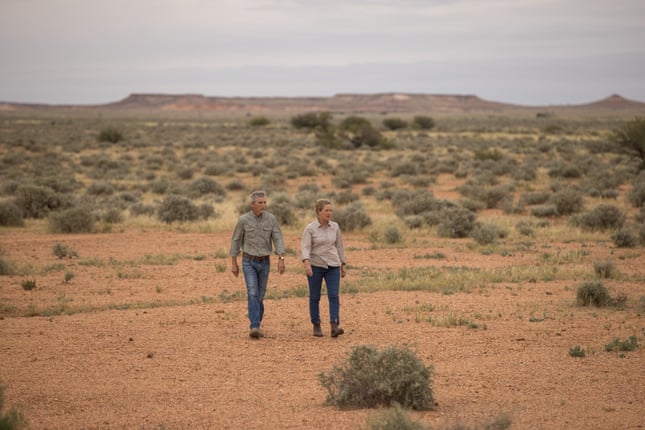 John Knight and Caroline Thomas on their property, Evelyn Downs station. Photograph: Kelly Barnes/The Guardian