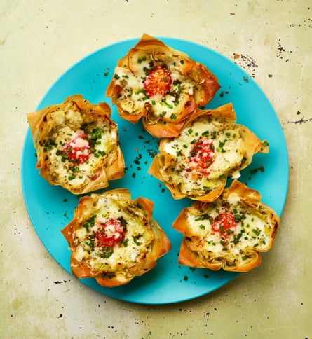 Yotam Ottolenghi’s eggs in filo nests with cheesy leeks and za’atar.