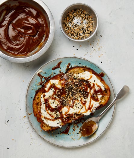 Yotam Ottolenghi’s tahini and mulberry pekmez toasts with cream cheese and sesame seeds.