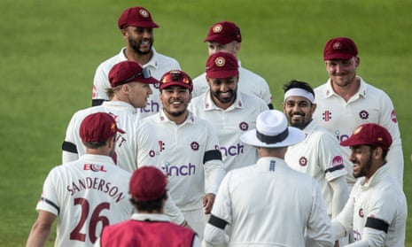 Northamptonshire players celebrate after Siddharth Kaul takes the wicket of Zafar Gohar.