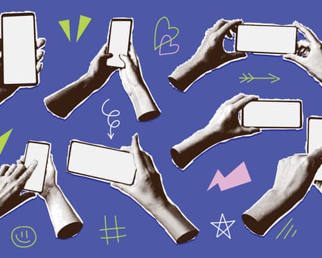 An illustration showing hands holding up smartphones.