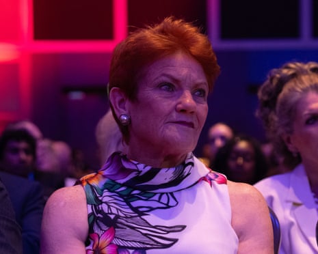 Pauline Hanson listens to a speech by Reform UK leader, Nigel Farage at the CPAC Great Britain summit