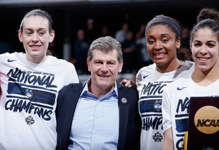 Breanna Stewart, Auriemma, Morgan Tuck and Kia Nurse (from left) celebrate winning the 2016 national championship.
