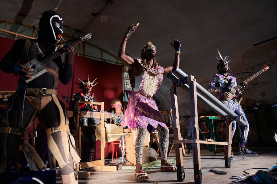 Fulu Miziki artists make their own performance costumes, masks, and instruments.