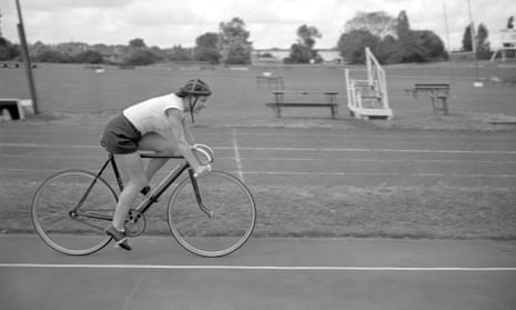 Eileen Sheridan training at Herne Hill cycle track in London in July 1952 in preparation for an attempt on the one-hour track record. 