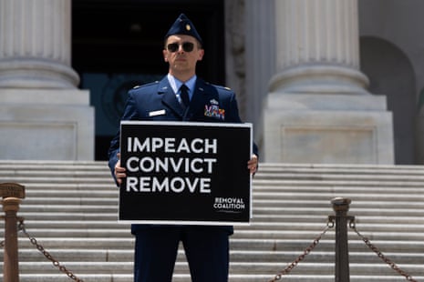 Major Jason Watson of the US air force called for the impeachment and removal of Donald Trump and JD Vance on the steps of the US Capitol on Wednesday.
