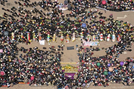Aerial view of relatives and friends of victims of clashes with Peruvian police in the main square of the Andean city of Juliaca in southern Peru.