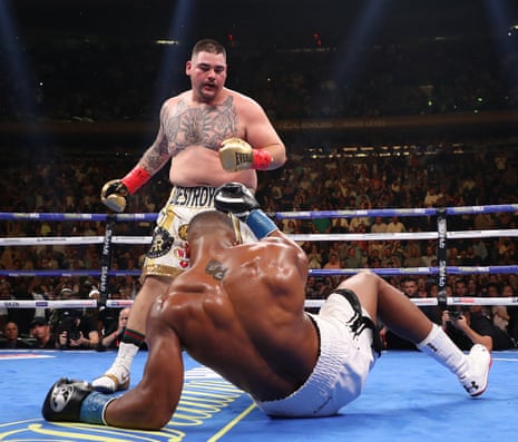 Andy Ruiz Jr knocks down Anthony Joshua in the third round of their heavyweight title fight at New York’s Madison Square Garden on 1 June 2019.