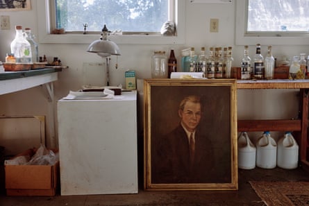 Chemical bottles in Mann’s ‘dirty studio’ where she experiments with techniques.