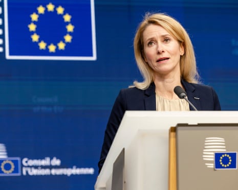 European Union foreign policy chief Kaja Kallas addresses the media after an EU general affairs meeting at the European Council building in Brussels.