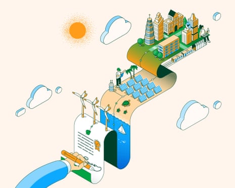 Illustration depicting renewable energy pathway from solar and wind power to urban buildings