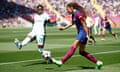 Chelsea's Kadeisha Buchanan attempts to block a pass by Barcelona's Salma Paralluelo.