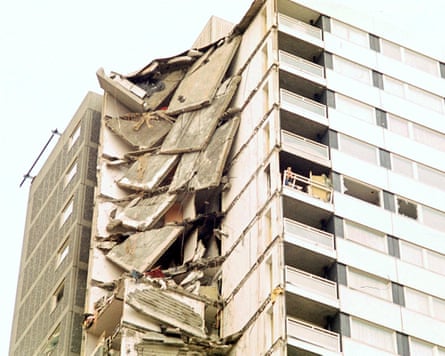 View of Ronan Point tower block with collapsed corner
