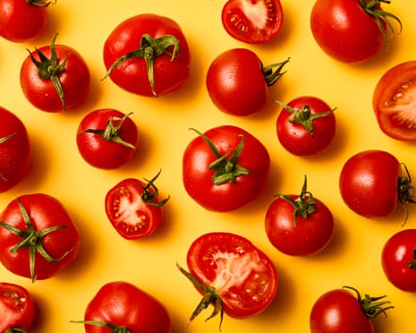 Red vine tomatoes against a yellow background, with some whole and some halved