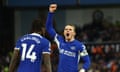 Conor Gallagher celebrates after scoring Chelsea’s second goal against Aston Villa.
