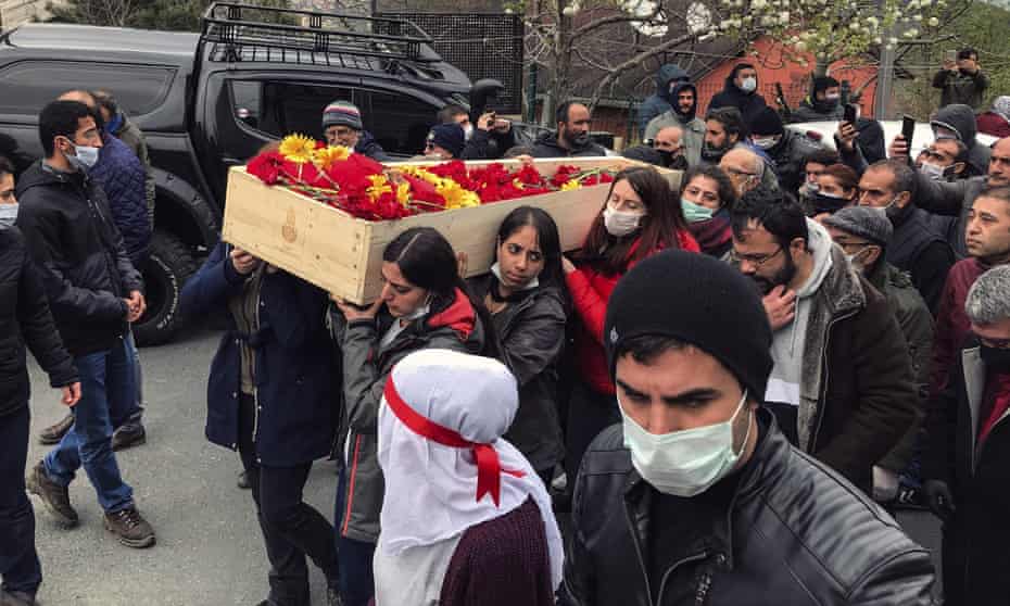 Mourners carry Helin Bolek’s coffin during the funeral procession in Istanbul