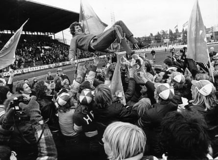 Roy Hodgson coach of Halmstad BK is hoisted by his players after Halmstad has secured SM-gold against Norrkoping in Allsvenskan 1976.
