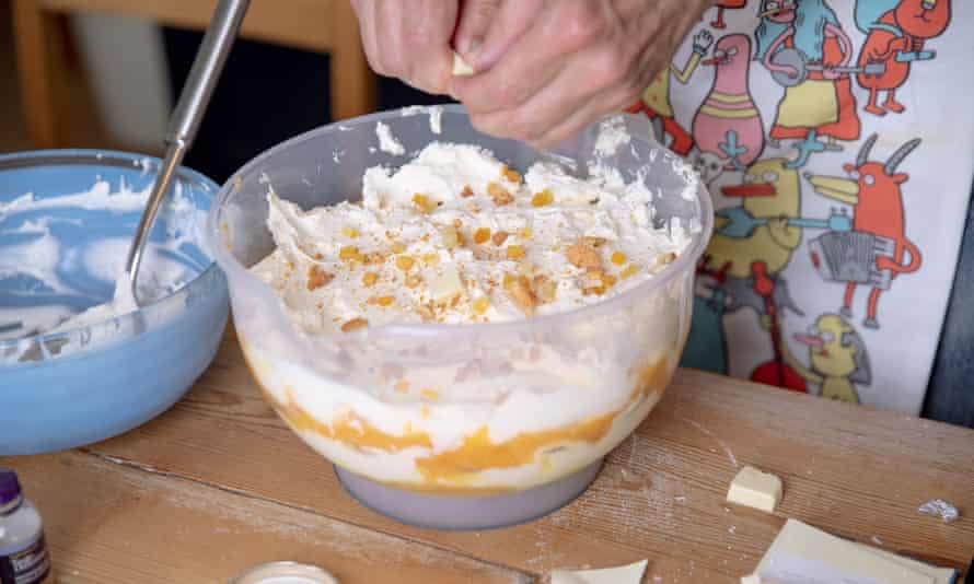 Tim adds some white chocolate to the almost completed trifle