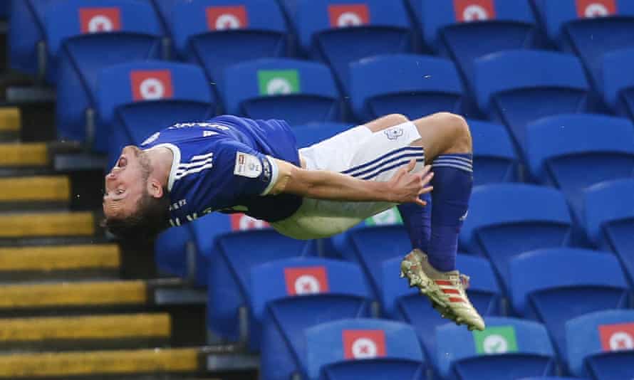 Will Vaulks celebrates scoring from his own half to give Cardiff the lead