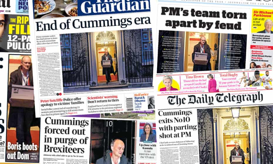 Front pages of the UK papers on Saturday 14 November after Dominic Cummings is forced out of No 10.