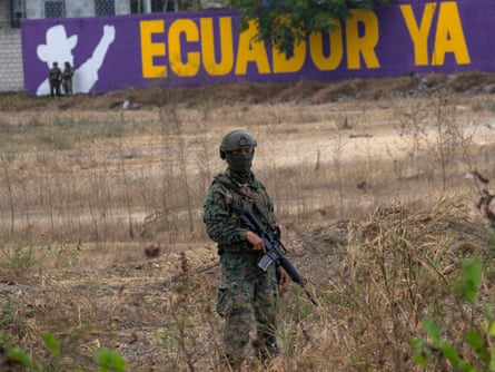 A soldier stands guard in a field with a wall painted behind him