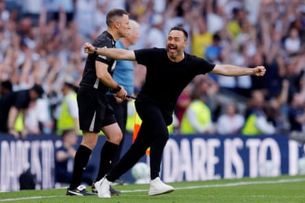 Roberto De Zerbi celebrates after Tottenham’s Premier League survival is confirmed.