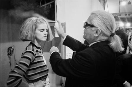 Final touches: Stella Tennant with Karl Lagerfeld, backstage at his 1994 Chanel haute couture show.