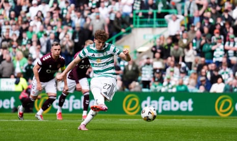Celtic’s Arne Engels slots home from the penalty spot to level the score at 1-1 against Hearts.