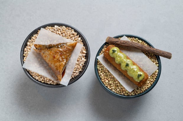 Briouat stuffed with nettle and almond, with a baharat honey glaze, and a croquette filled with liquorice, tarragon and parmesan, at Amethyst, London.