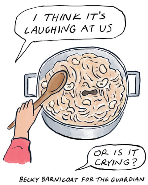A series of cartoon images of a couple trying to cook an online recipe, panel 4