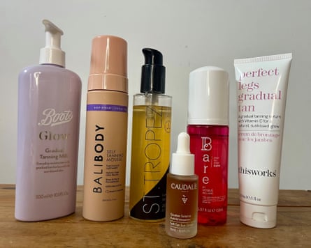 Top 6 fake tans in a row on a worktop